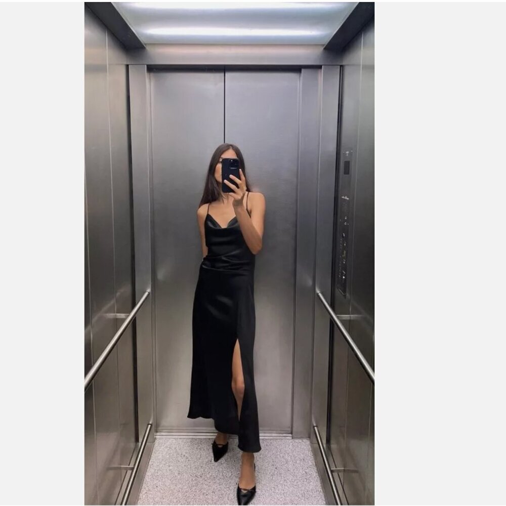 Zara Black Satin Slip Midi Dress Size M NEW WITH TAG!